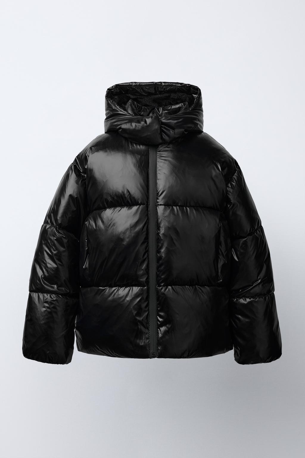 SHINY HOODED PUFFER JACKET WITH FAUX FUR LINING