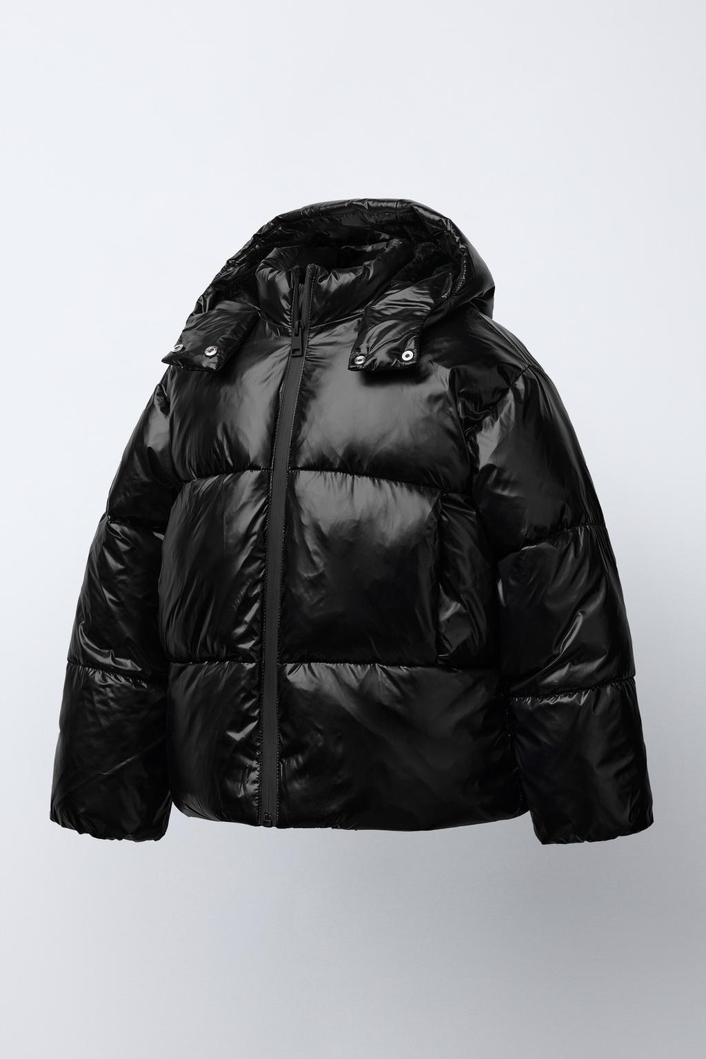 SHINY HOODED PUFFER JACKET WITH FAUX FUR LINING