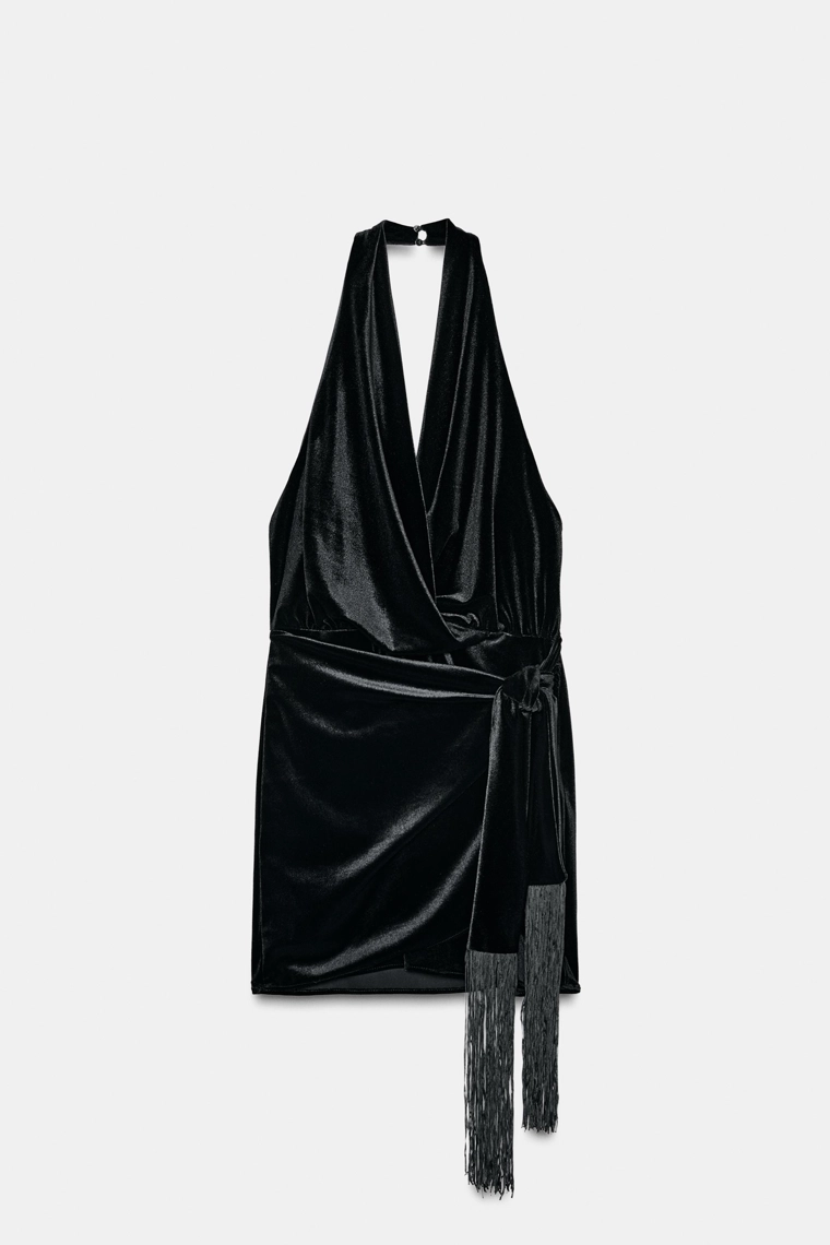 Бархатное короткое платье с бахромой