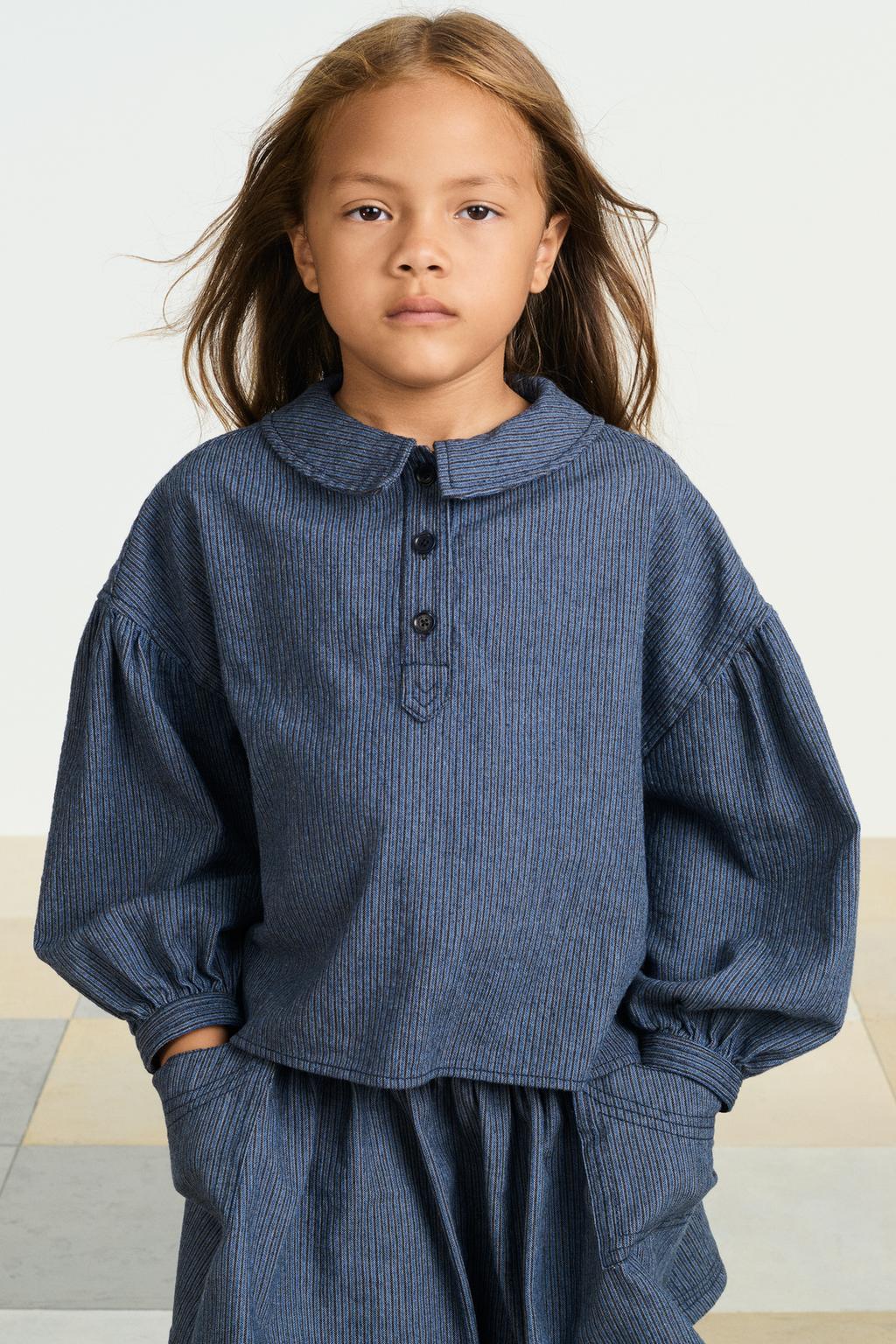 Рубашка в полоску с воротником-петерпан и длинными рукавами с пышными манжетами на пуговицах