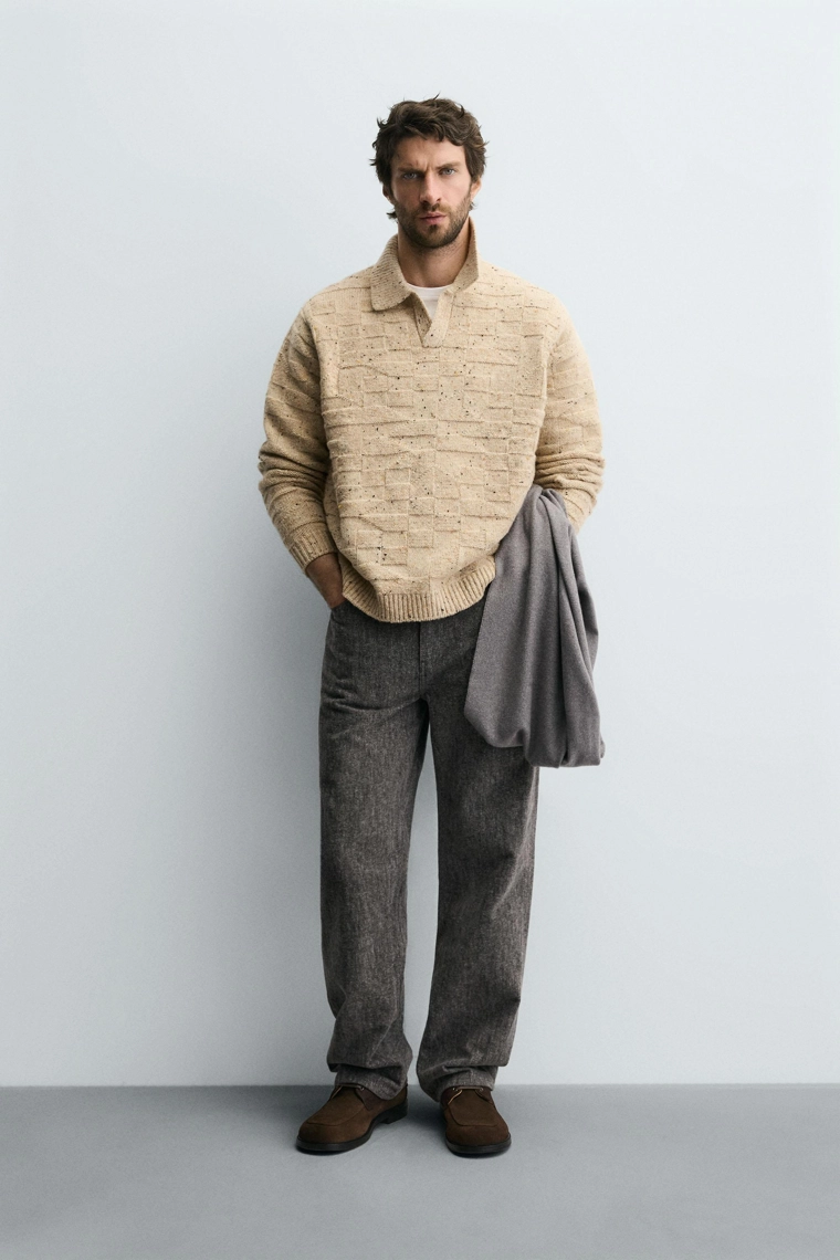 Поло из 100% шерсти с воротником и пуговицами