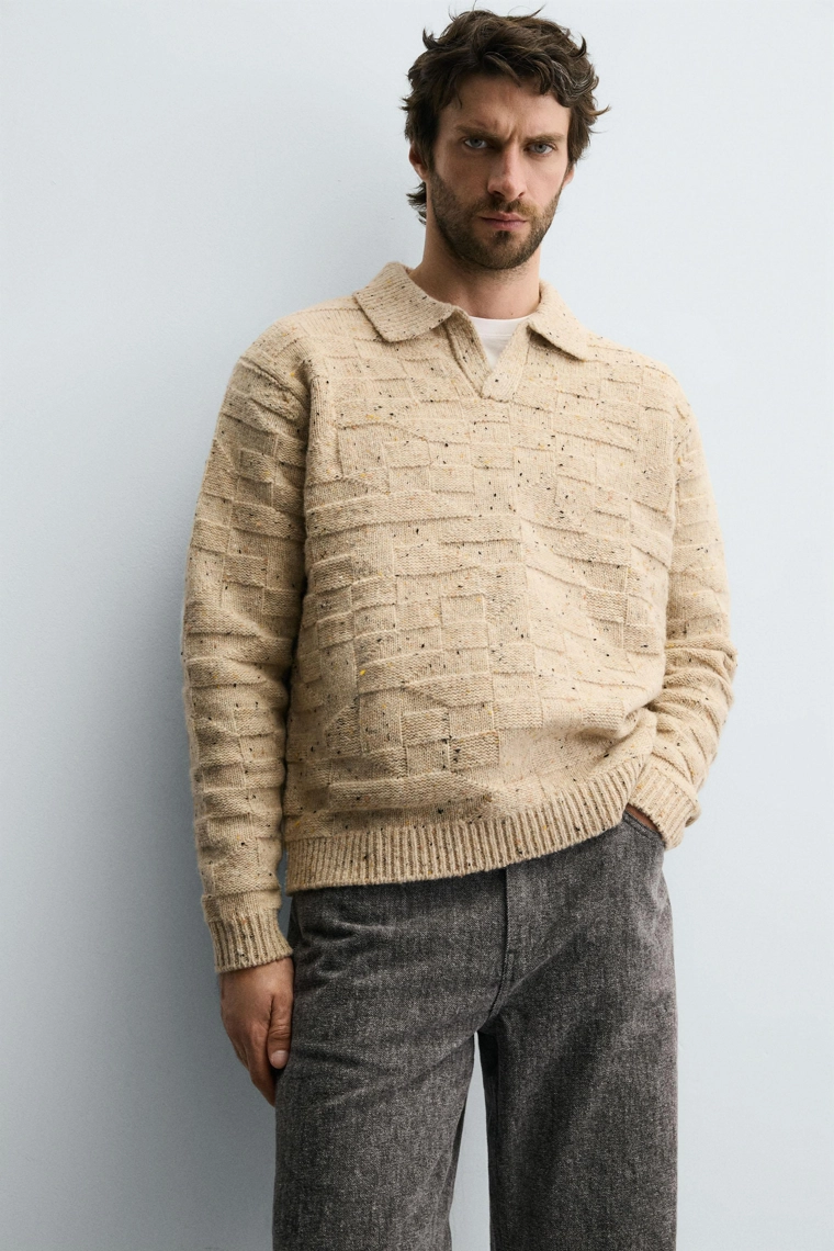 Поло из 100% шерсти с воротником и пуговицами