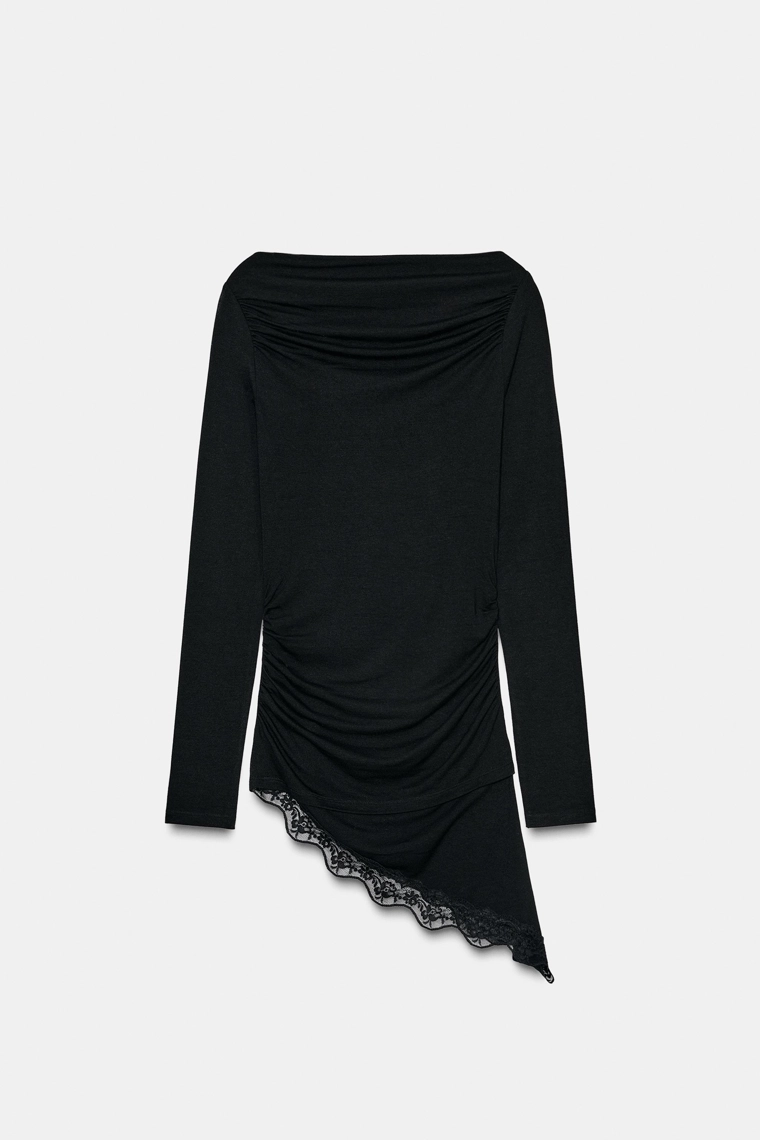 Футболка с кружевом асимметричного подола zara