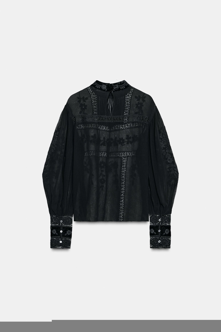 Блуза из бархата с кружевом zara zw collection