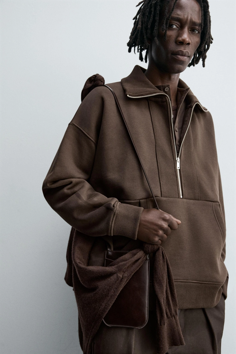 Свитшот с молнией на четверть и ребристыми манжетами