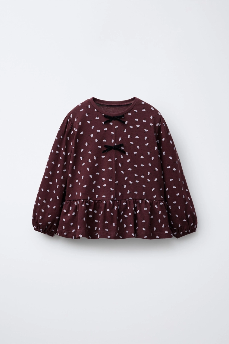 Футболка с цветочным принтом и бархатным бантом