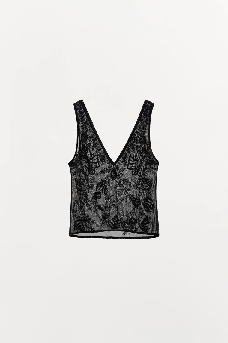 Топ с прозрачными бретелями и вышивкой