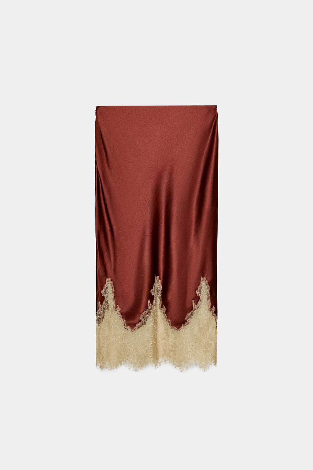 АТЛАСНАЯ ЮБКА С КОНТРАСТНЫМ КРУЖЕВОМ ZW COLLECTION