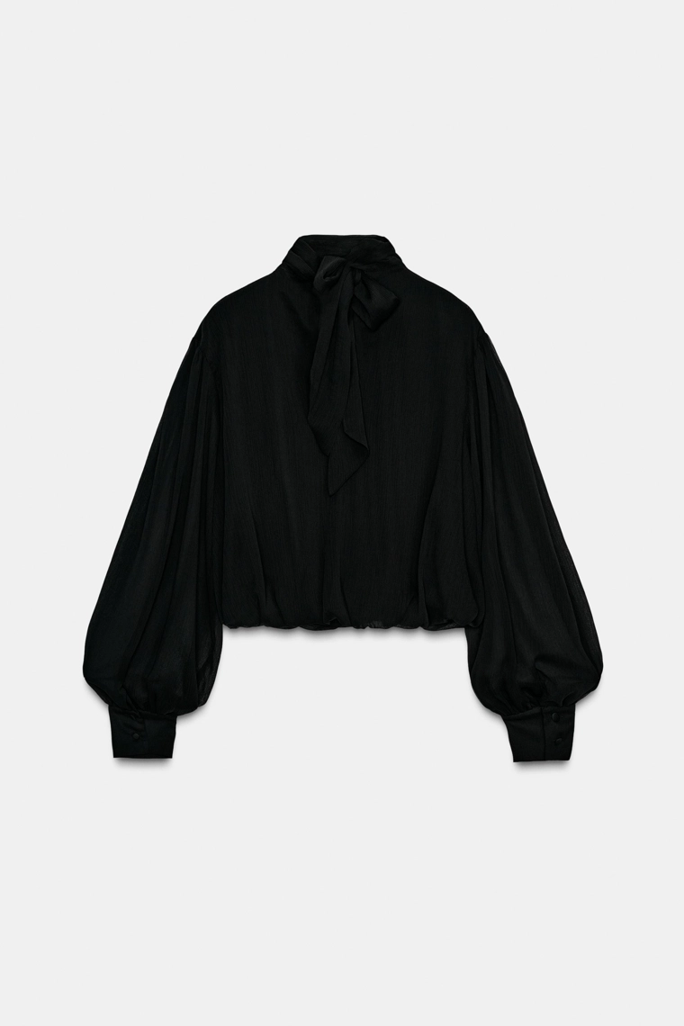 ПОЛУПРОЗРАЧНЫЙ ТОП С ДРАПИРОВАННЫМИ РУКАВАМИ-БАЛЛОНАМИ