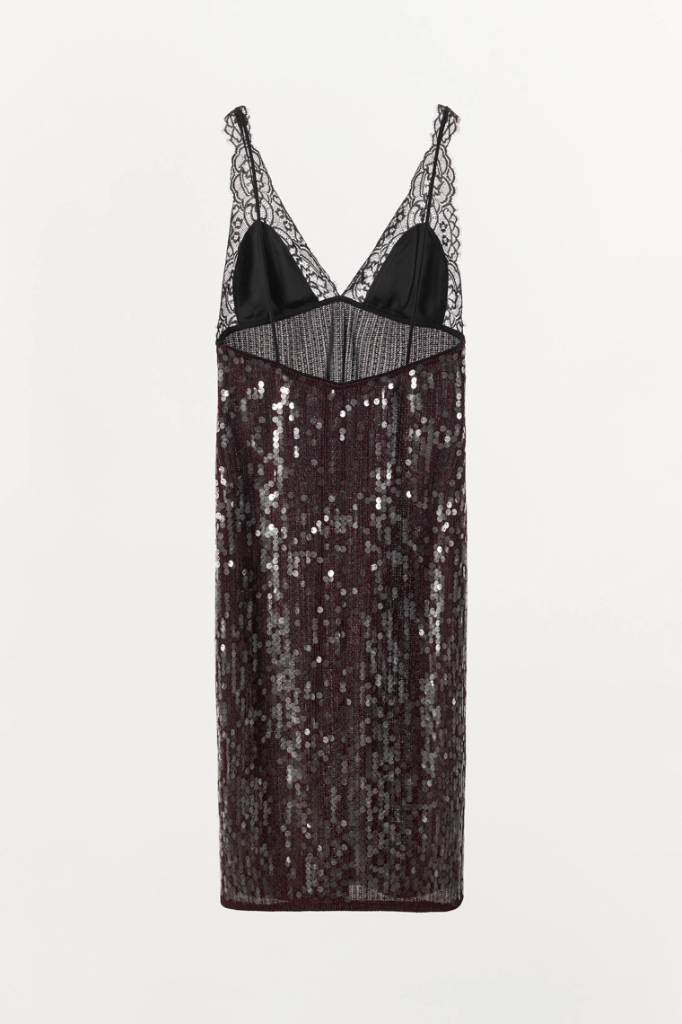 КОМБИНИРОВАННОЕ ПЛАТЬЕ МИДИ С ПАЙЕТКАМИ И КРУЖЕВОМ