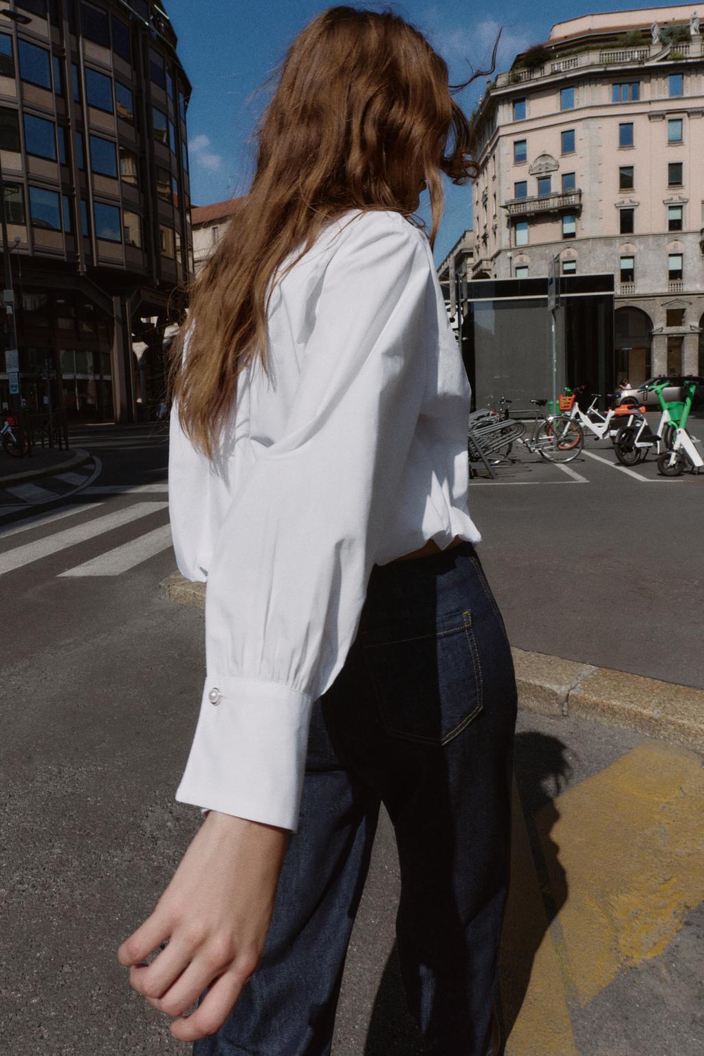 РУБАШКА ИЗ ПОПЛИНА С БУСИНАМИ И РУКАВАМИ «ФОНАРИК»