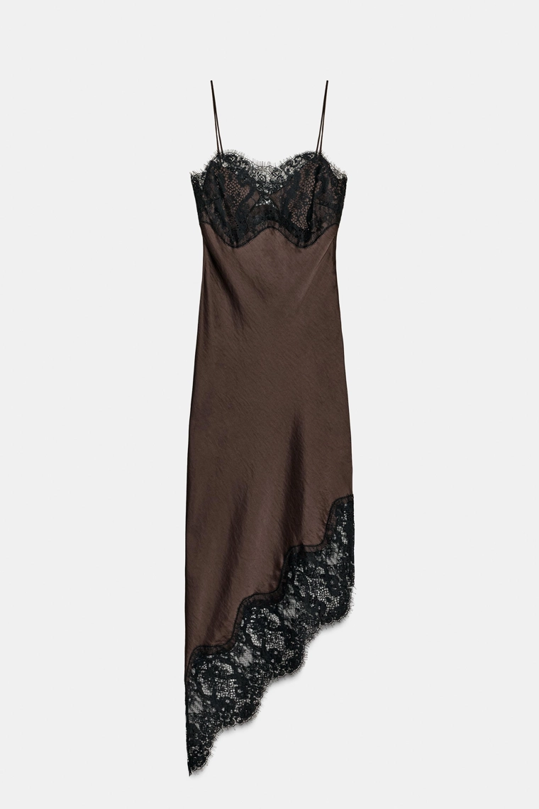 АТЛАСНОЕ АСИММЕТРИЧНОЕ ПЛАТЬЕ С КРУЖЕВОМ — ZW COLLECTION