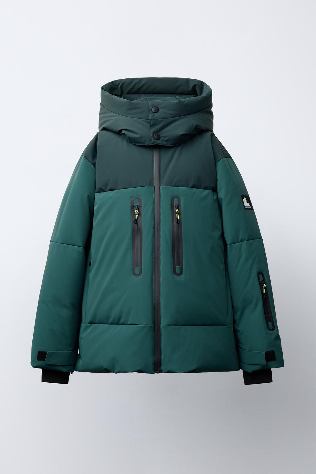 DOWN AND FEATHER PUFFER JACKET WITH REMOVABLE HOODIE, WATER-RESISTANT AND WINDPROOF COLOUR BLOCK RECCO® SYSTEM SKI COLLECTION