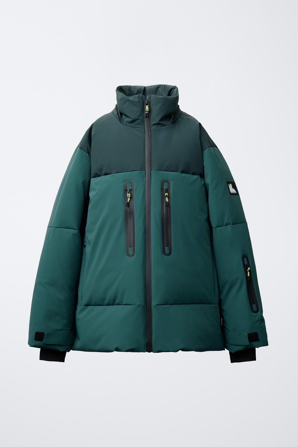 DOWN AND FEATHER PUFFER JACKET WITH REMOVABLE HOODIE, WATER-RESISTANT AND WINDPROOF COLOUR BLOCK RECCO® SYSTEM SKI COLLECTION