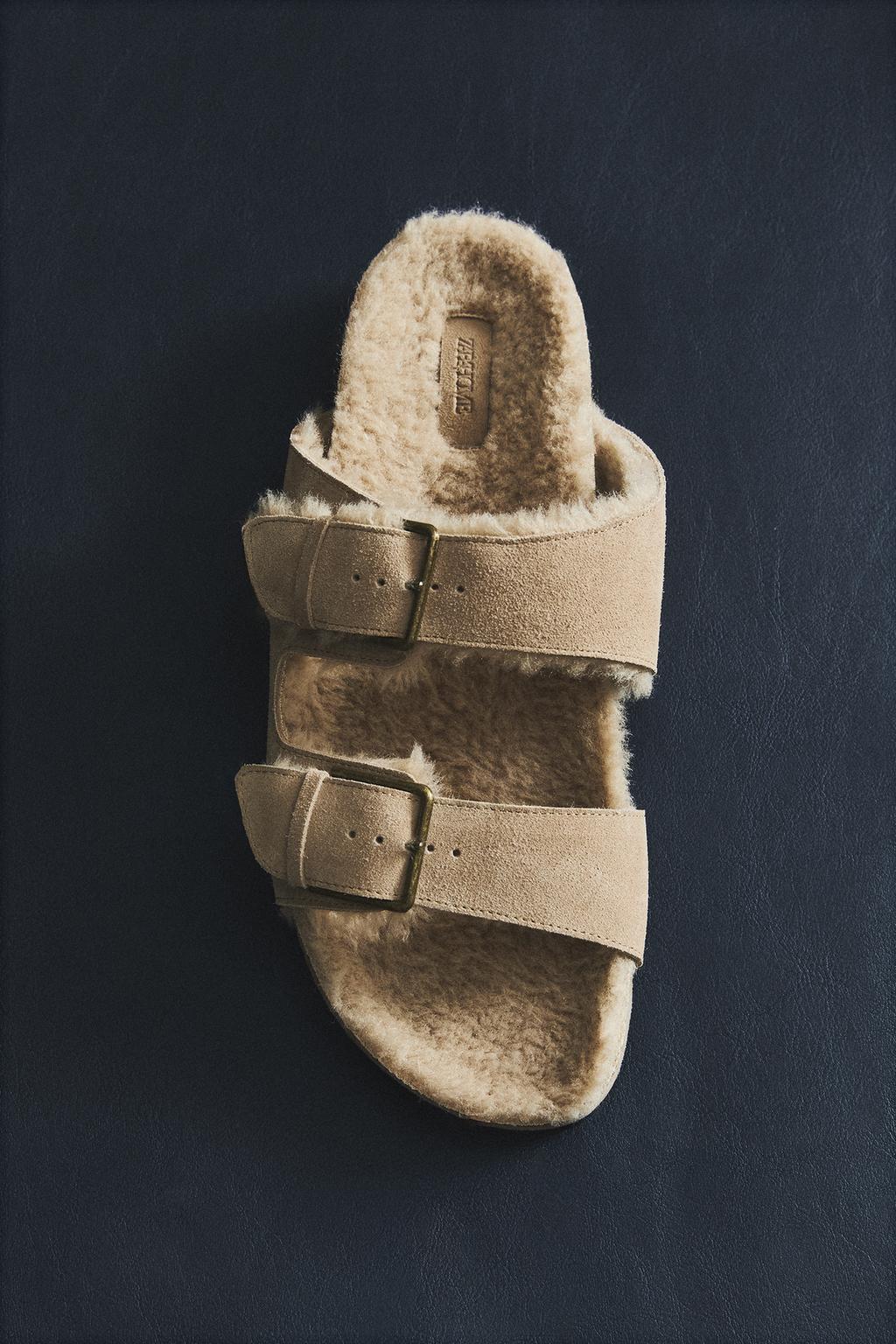 Теплые босоножки из разделанной кожи с двумя пряжками