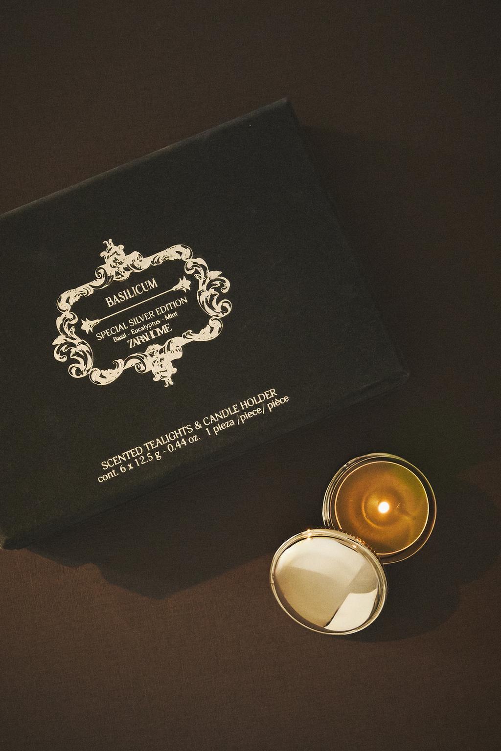 Набор биологически деградируемых чайных свечей с ароматом базилика и серебряной банкой