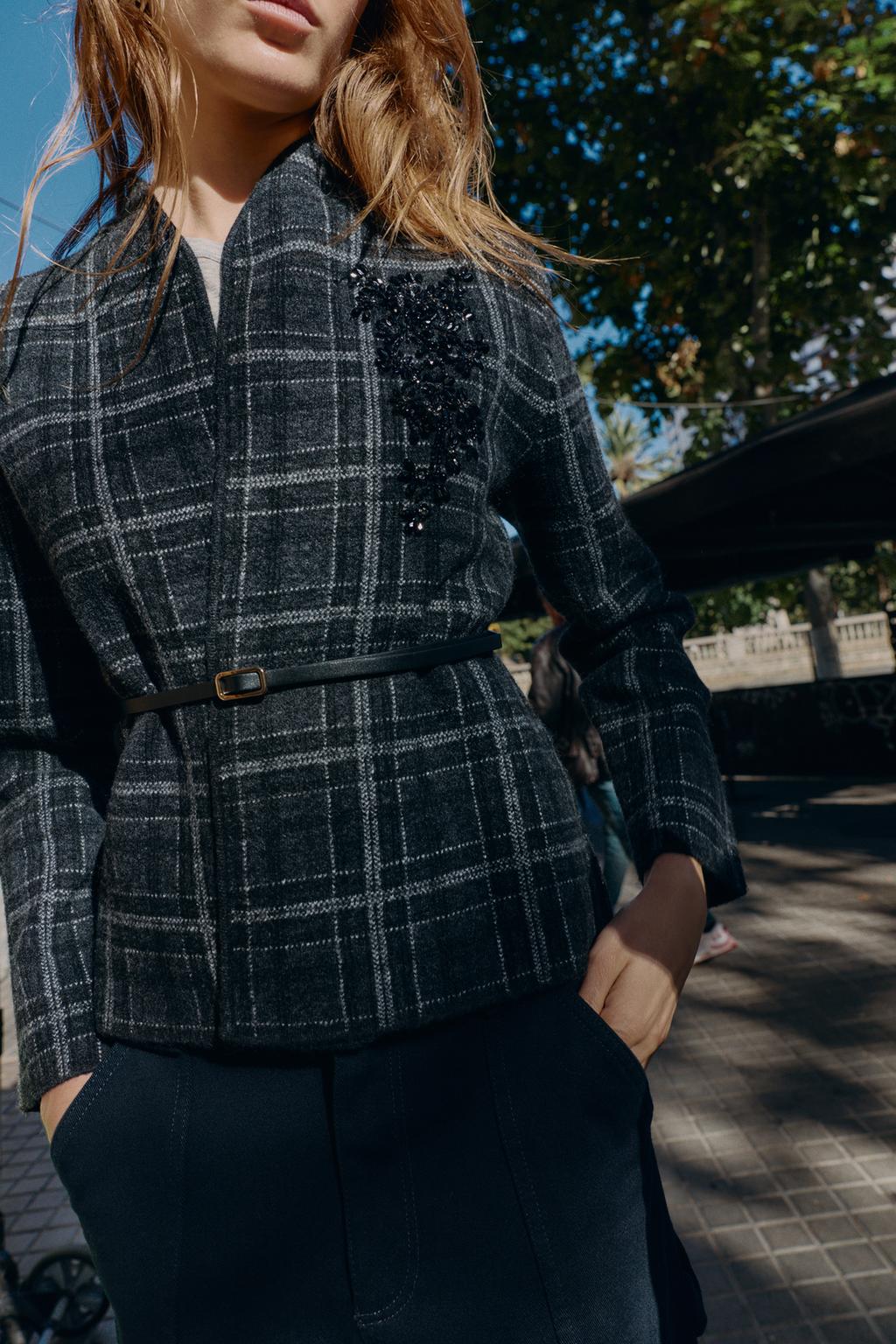 ТРИКОТАЖНЫЙ КАРДИГАН В КЛЕТКУ С ПОЯСОМ