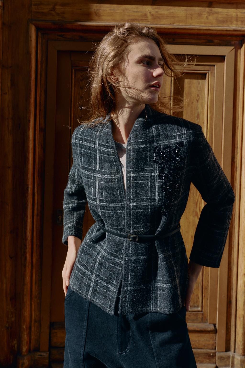 ТРИКОТАЖНЫЙ КАРДИГАН В КЛЕТКУ С ПОЯСОМ