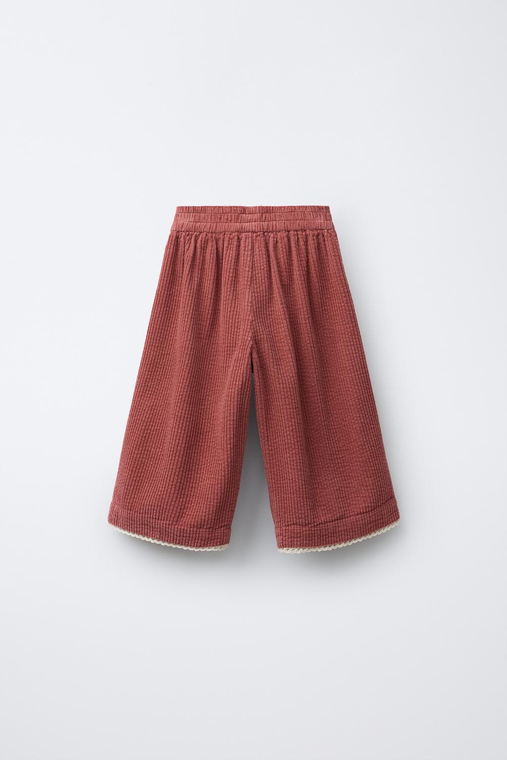 БРЮКИ ИЗ ВЕЛЬВЕТА С КОНТРАСТНЫМ КРУЖЕВОМ