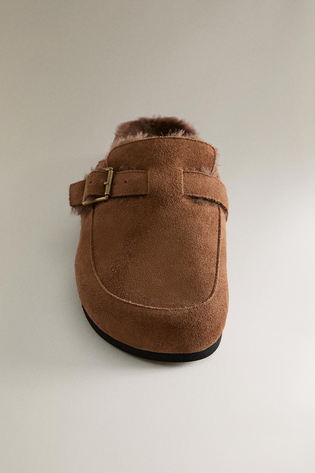 Теплые кожаные сабо с пряжкой