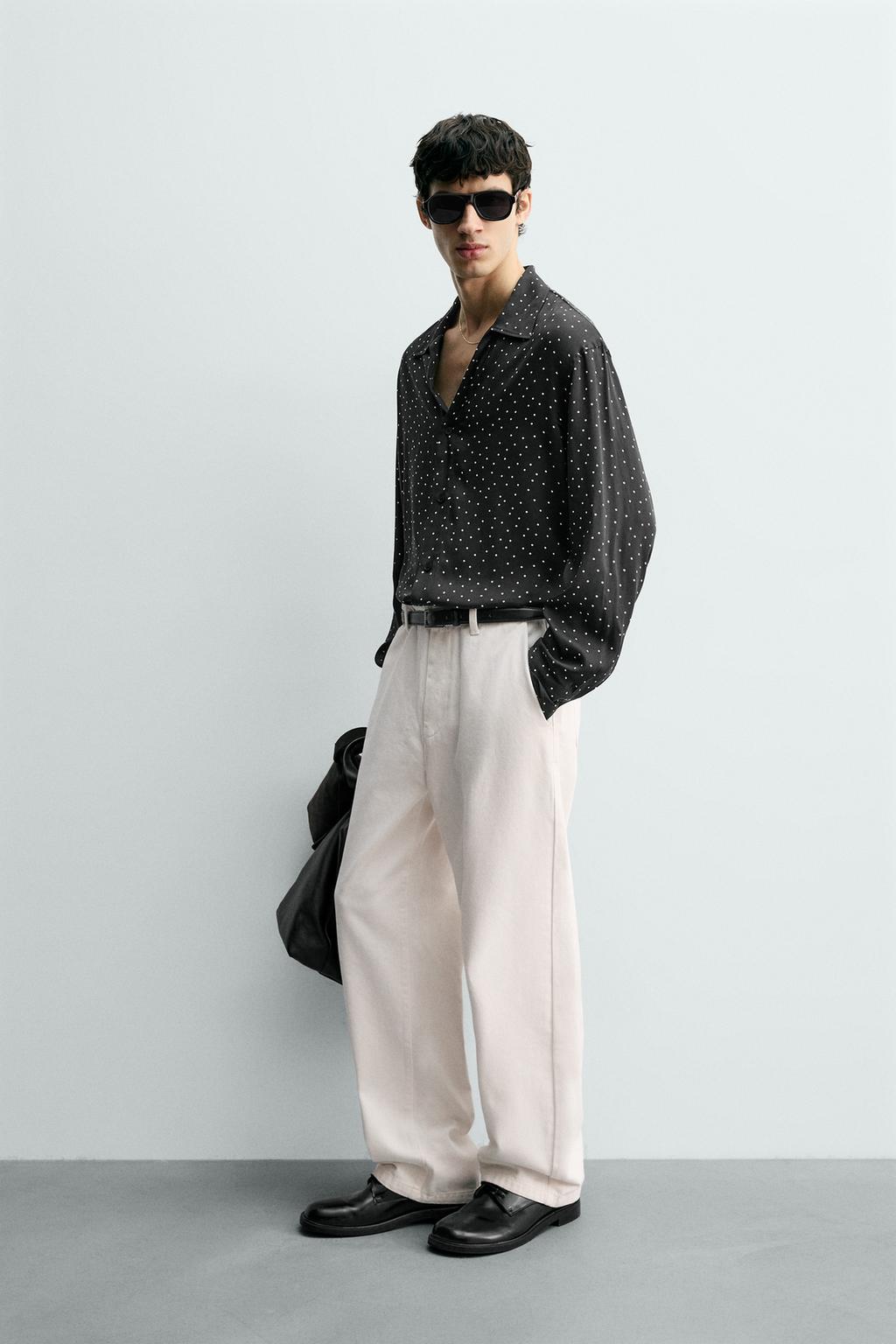 РУБАШКА СТРУЯЩЕГОСЯ ПОКРОЯ С ПРИНТОМ В ГОРОШЕК