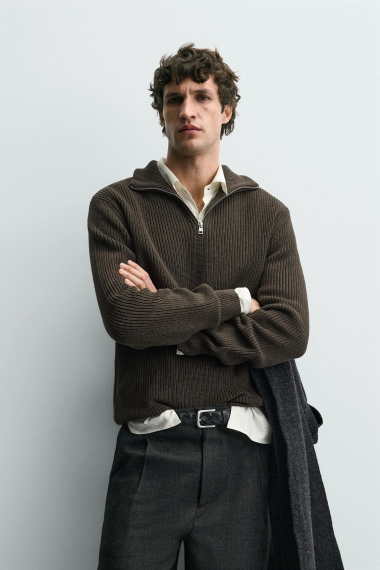 СВИТЕР ИЗ ХЛОПКА С МОЛНИЕЙ НА ГОРЛОВИНЕ И ЖЕМЧУЖНЫМ УЗОРОМ