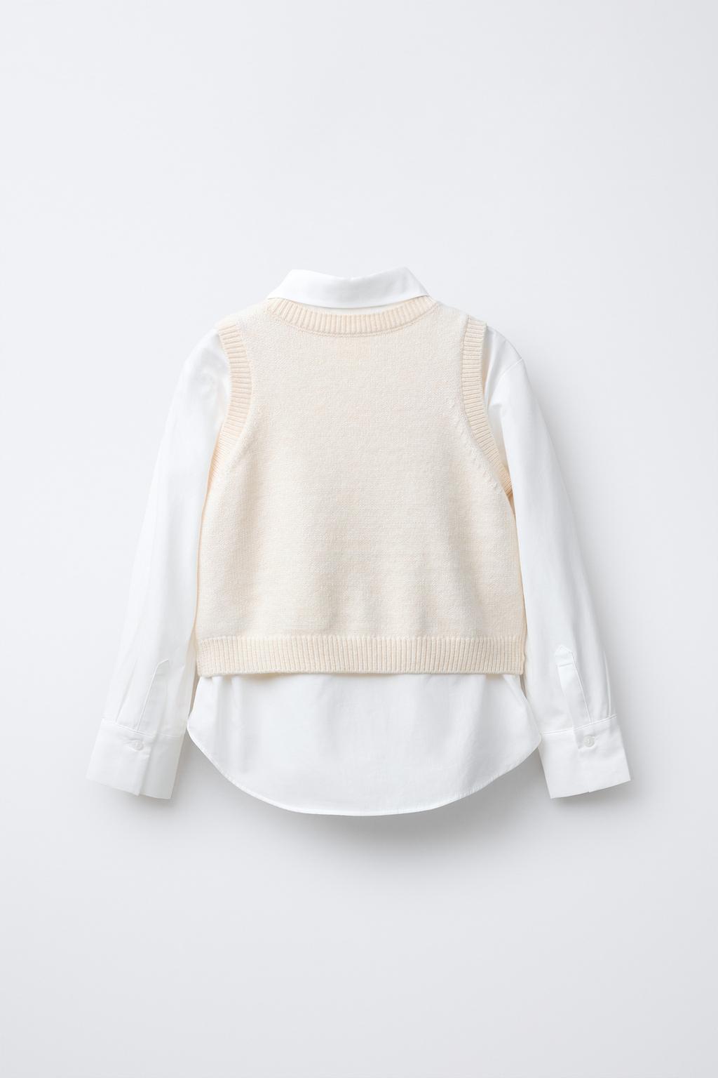 РУБАШКА ИЗ ПОПЛИНА С ТРИКОТАЖНЫМ ЖИЛЕТОМ И БАРХАТНЫМИ БАНТАМИ