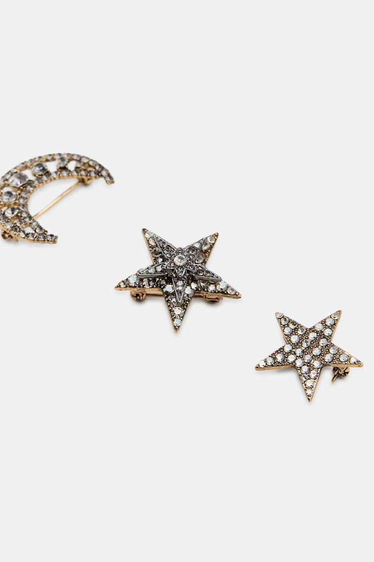 НАБОР ИЗ 3 БРОШЕЙ «ЗВЕЗДА И ЛУНА» СО СТРАЗАМИ