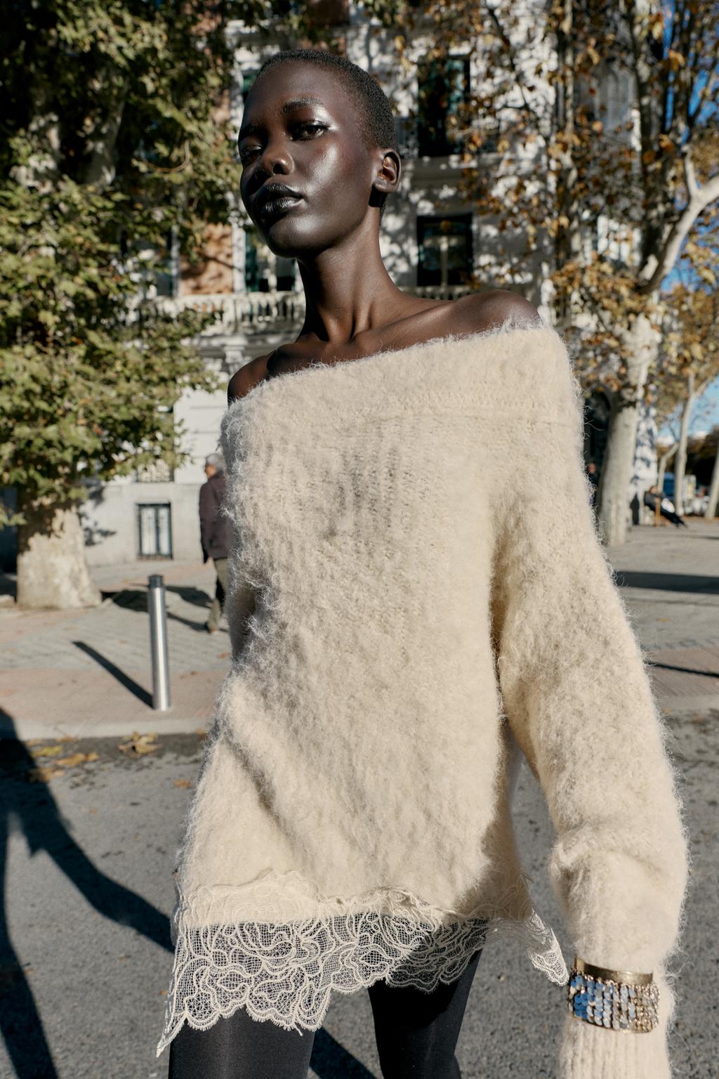 ДЖЕМПЕР ИЗ КОМБИНИРОВАННОГО ТРИКОТАЖА С КРУЖЕВОМ