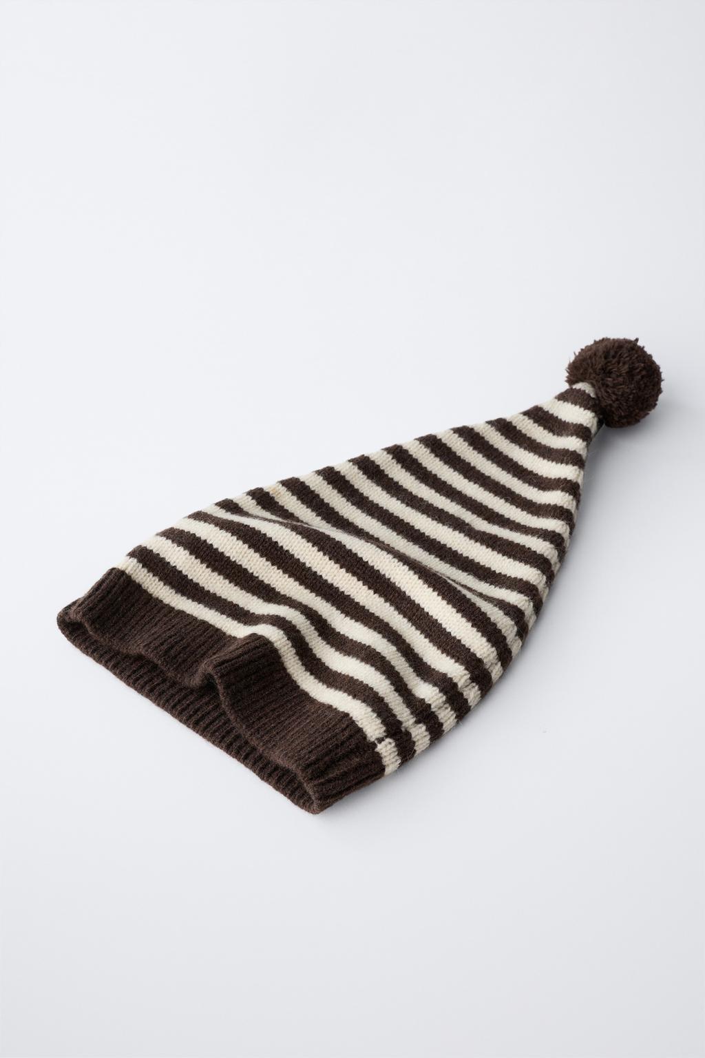 6-12 МЕСЯЦЕВ/ ШАПКА БИНИ В ПОЛОСКУ С ПОМПОНОМ ИЗ ШЕРСТИ