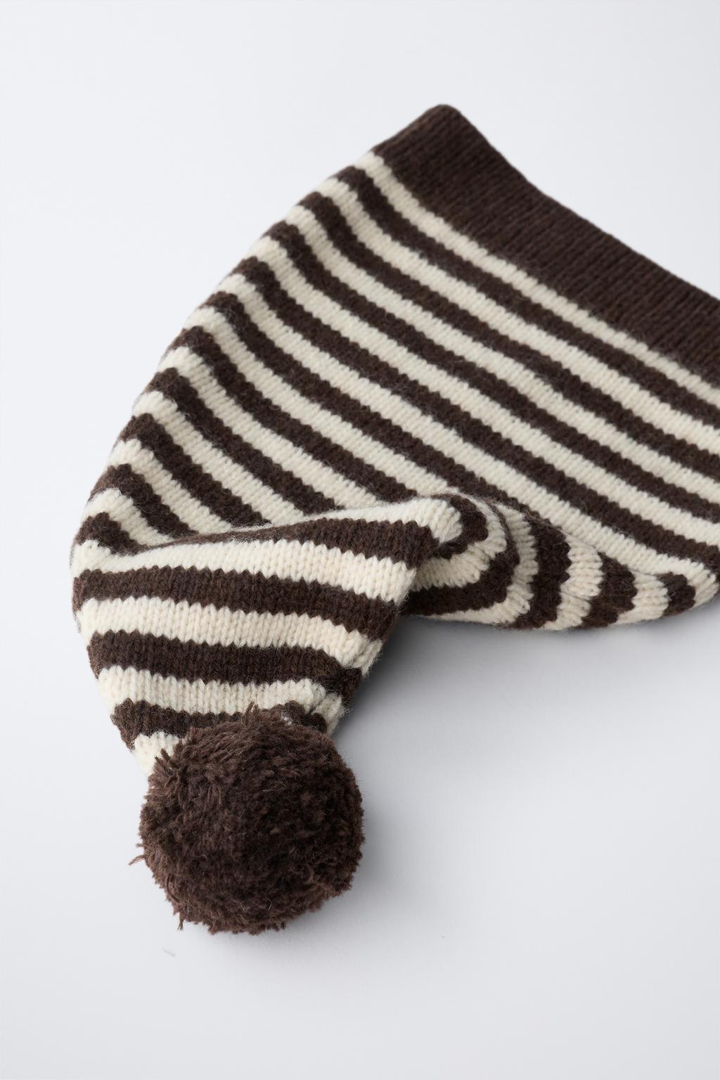 6-12 МЕСЯЦЕВ/ ШАПКА БИНИ В ПОЛОСКУ С ПОМПОНОМ ИЗ ШЕРСТИ