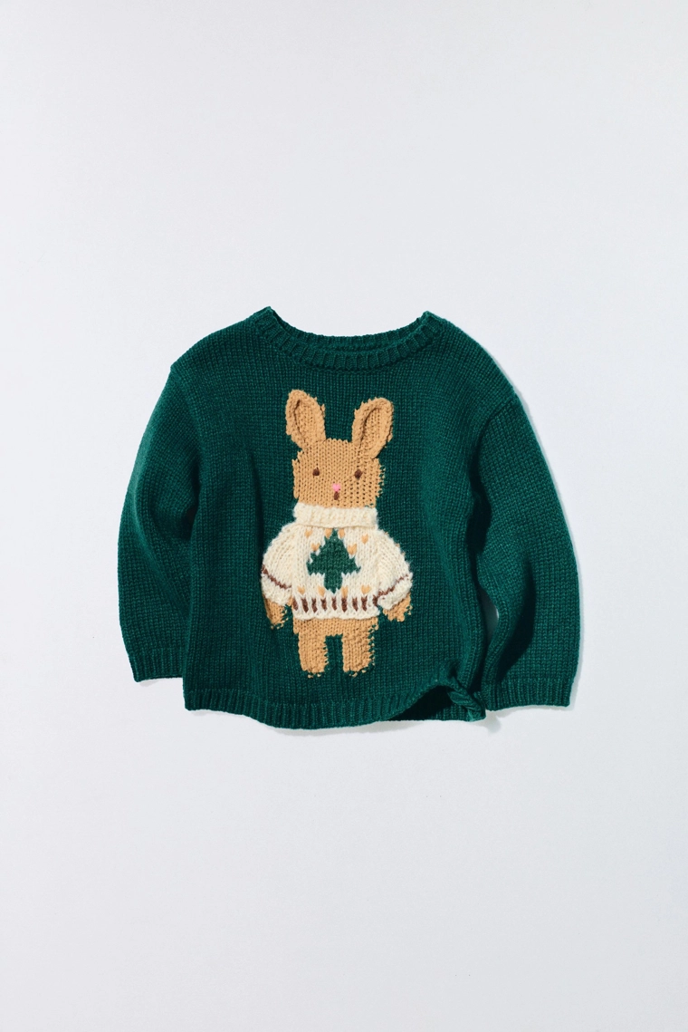 1-6 ЛЕТ/ ВЯЗАНЫЙ СВИТЕР С ВЫШИВКОЙ КРОЛИКА ИЗ ШЕРСТИ
