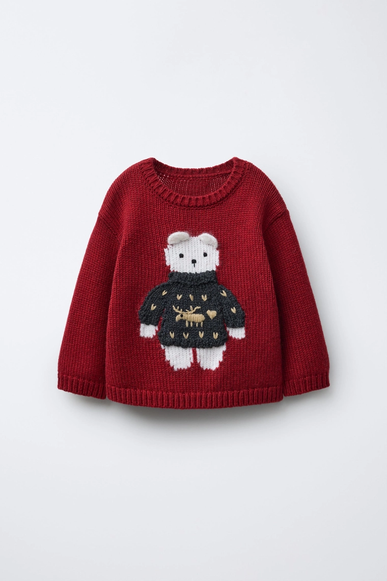 1-6 ЛЕТ/ ВЯЗАНЫЙ СВИТЕР ИЗ ШЕРСТИ С ВЫШИВКОЙ В ВИДЕ МЕДВЕЖОНКА