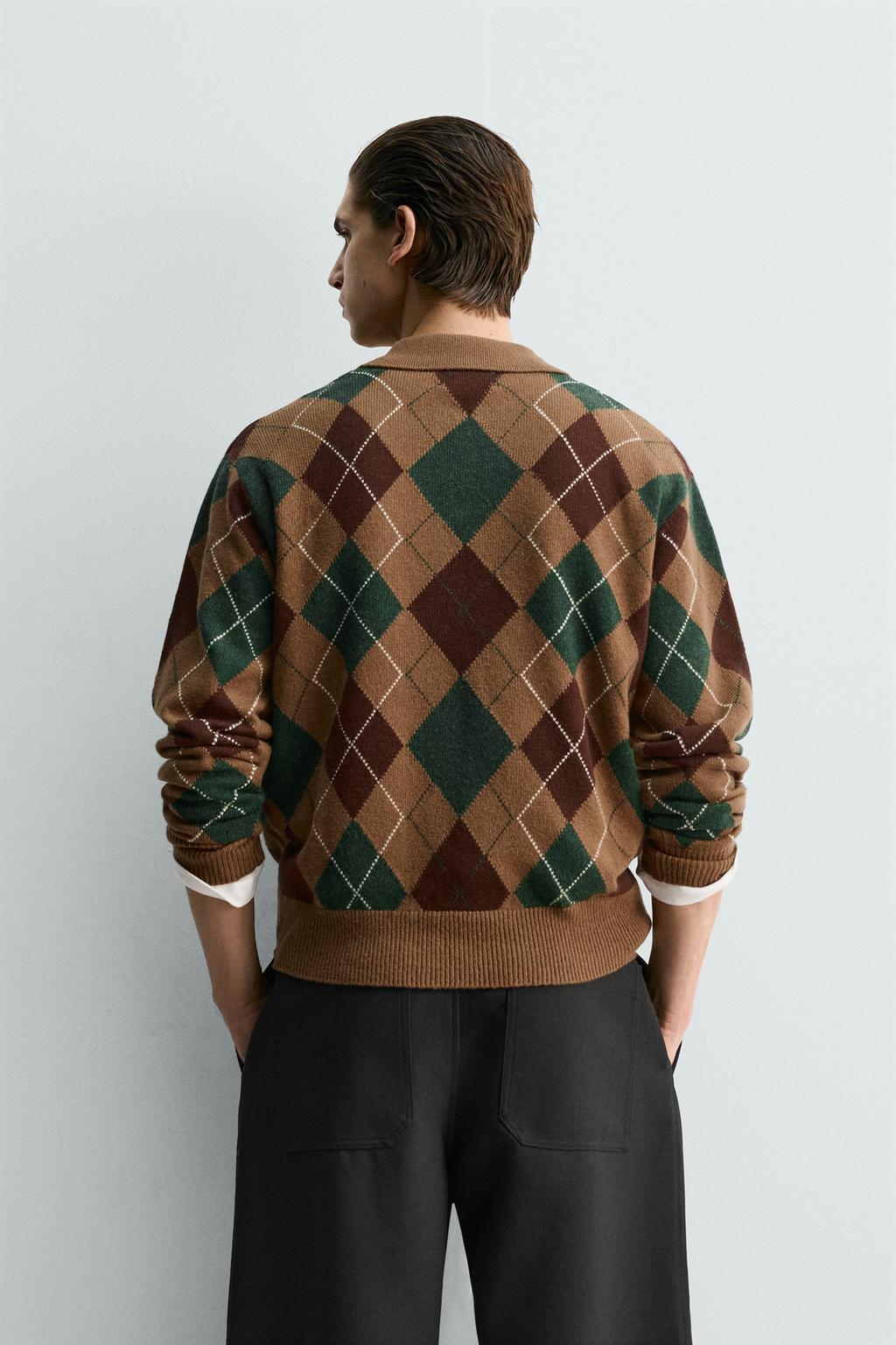 Поло из вязаного шерстяного полотна с узором в виде ромбов