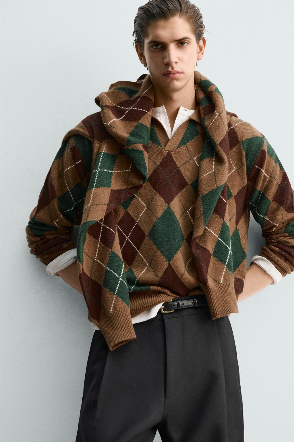 Поло из вязаного шерстяного полотна с узором в виде ромбов