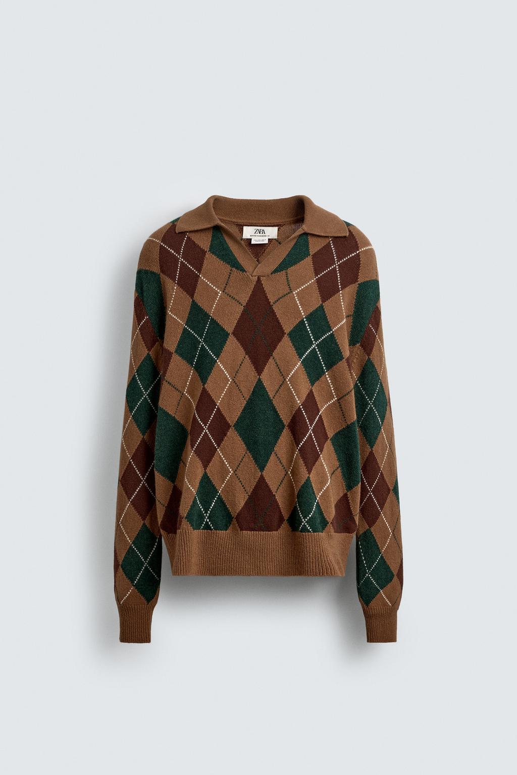 Поло из вязаного шерстяного полотна с узором в виде ромбов