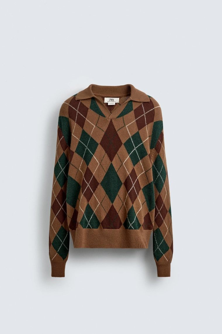 Поло из вязаного шерстяного полотна с узором в виде ромбов