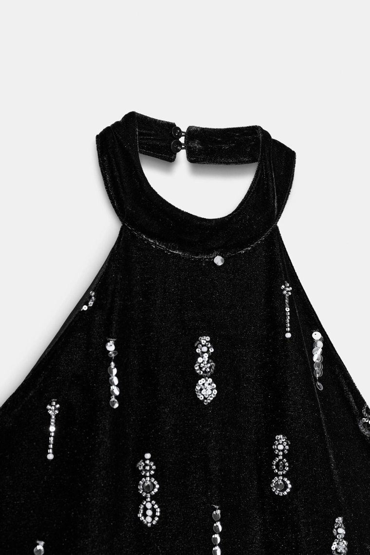 БАРХАТНОЕ ПЛАТЬЕ МИДИ С БУСИНАМИ