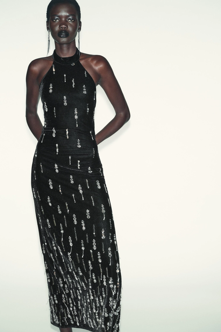 БАРХАТНОЕ ПЛАТЬЕ МИДИ С БУСИНАМИ