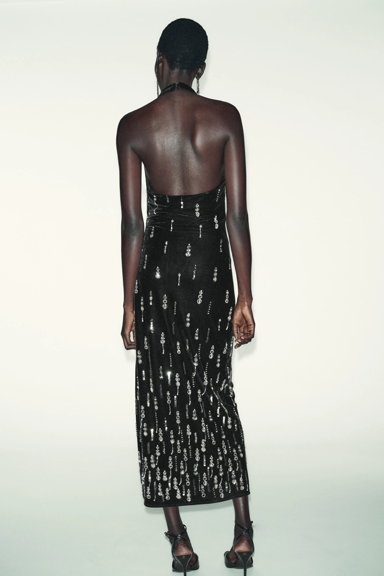 БАРХАТНОЕ ПЛАТЬЕ МИДИ С БУСИНАМИ