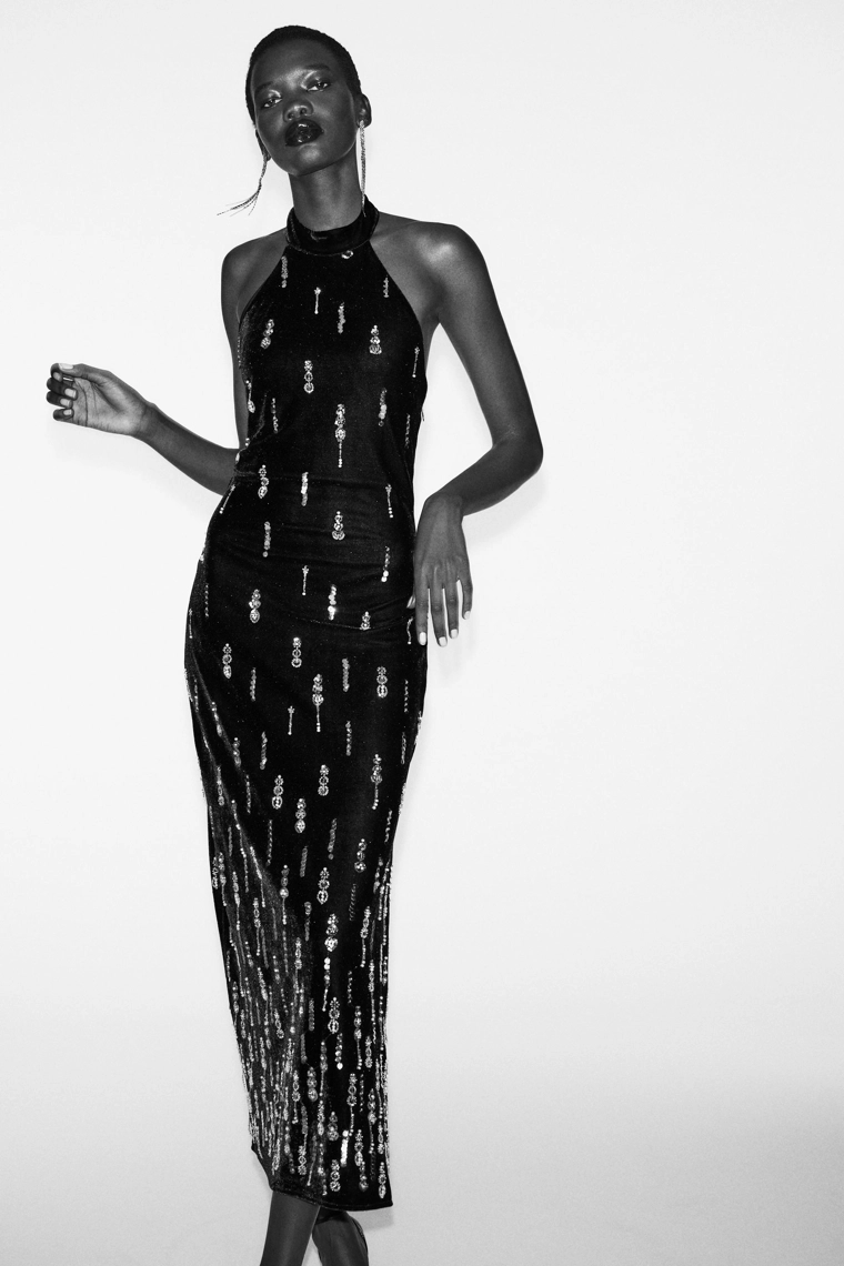 БАРХАТНОЕ ПЛАТЬЕ МИДИ С БУСИНАМИ