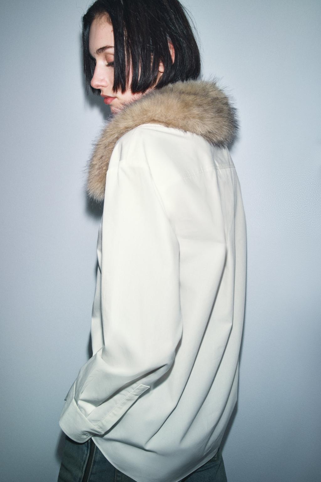 РУБАШКА ИЗ ПОПЛИНА С ВОРОТНИКОМ С ИСКУССТВЕННЫМ МЕХОМ — ZW COLLECTION