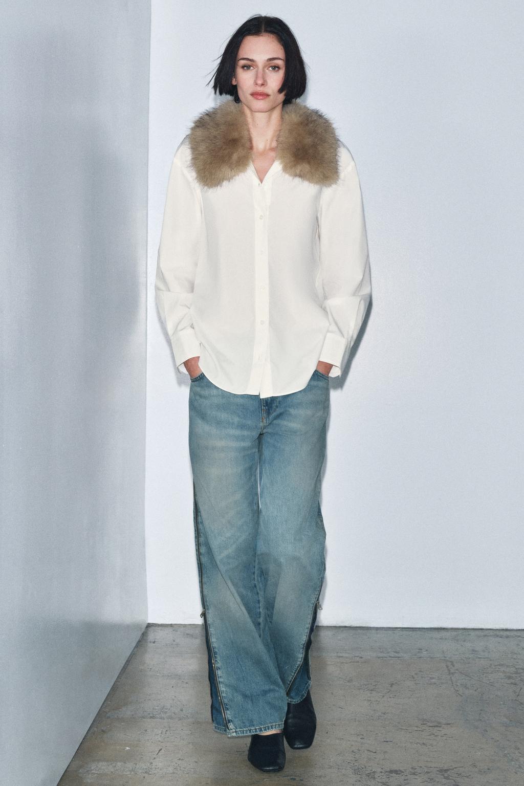 РУБАШКА ИЗ ПОПЛИНА С ВОРОТНИКОМ С ИСКУССТВЕННЫМ МЕХОМ — ZW COLLECTION