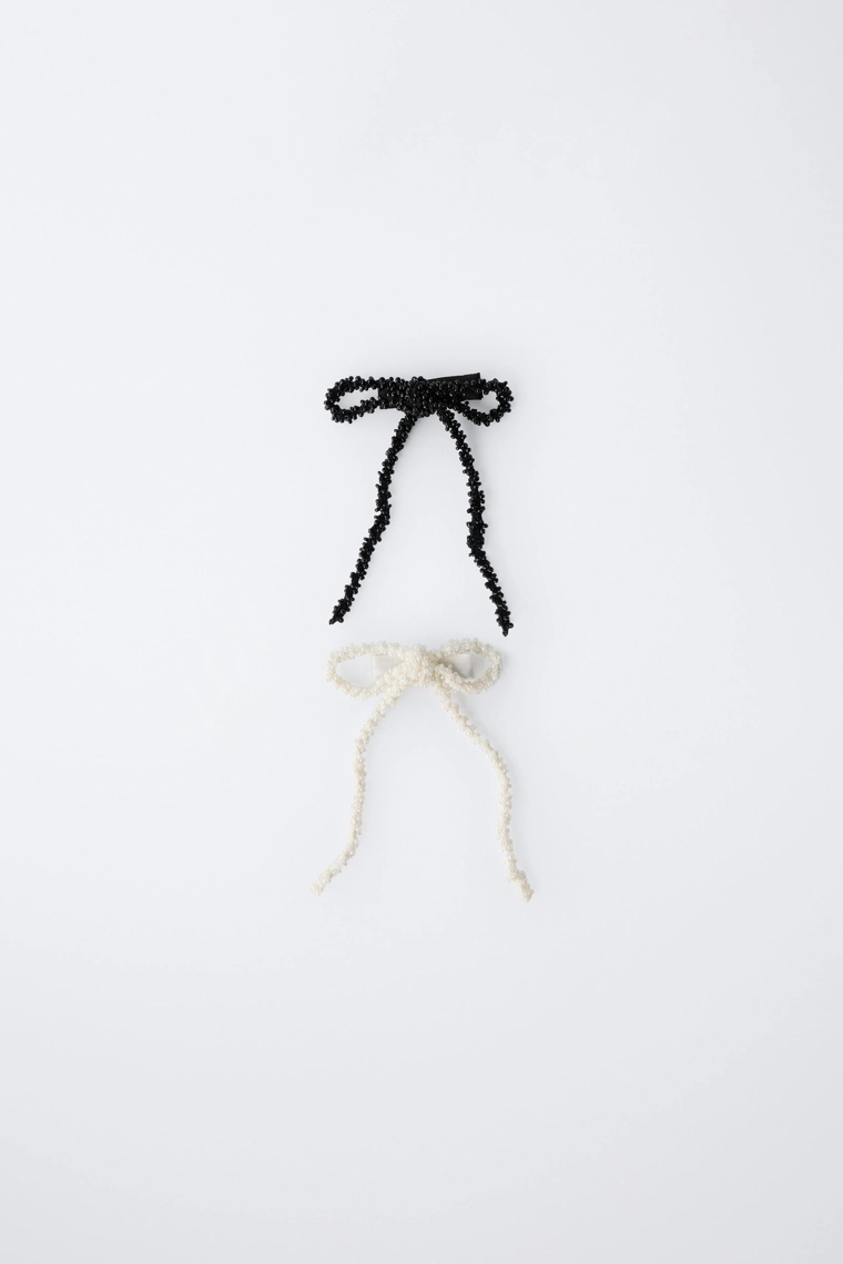 НАБОР ИЗ ДВУХ ЗАКОЛОК ДЛЯ ВОЛОС С БАНТОМ И БУСИНАМИ