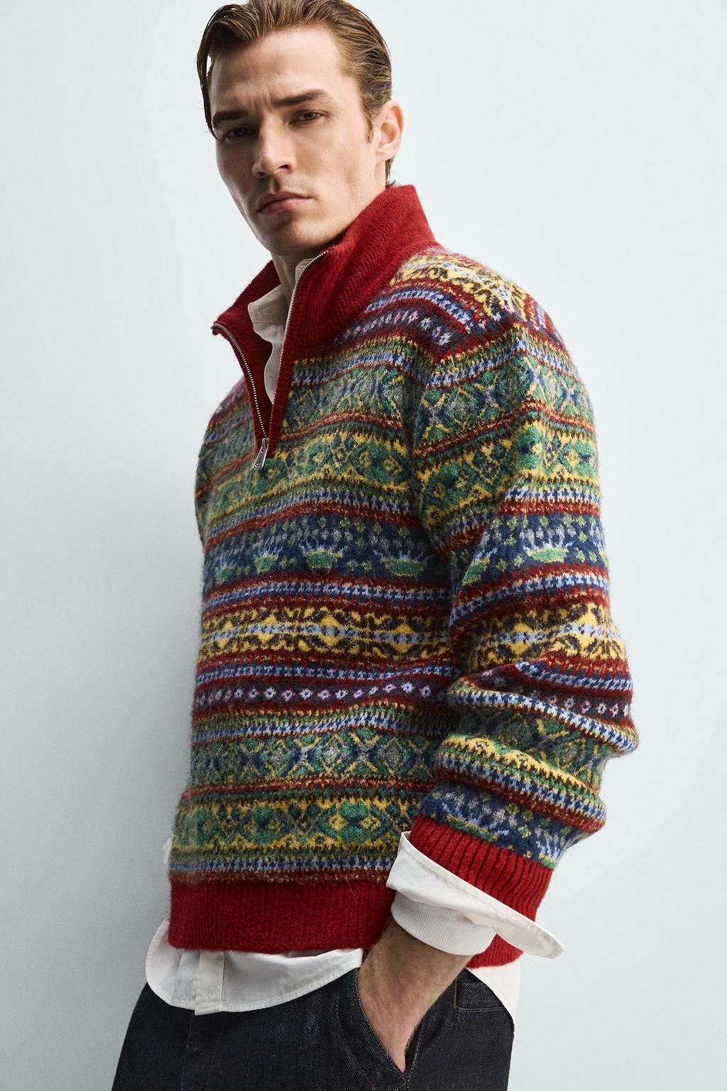 ЖАККАРДОВЫЙ СВИТЕР С ГЕОМЕТРИЧЕСКИМ УЗОРОМ И ВОРОТНИКОМ НА МОЛНИИ