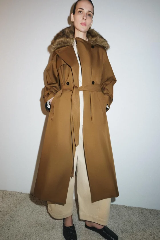 Тренч оверсайз с воротником из искусственного меха — ZW COLLECTION