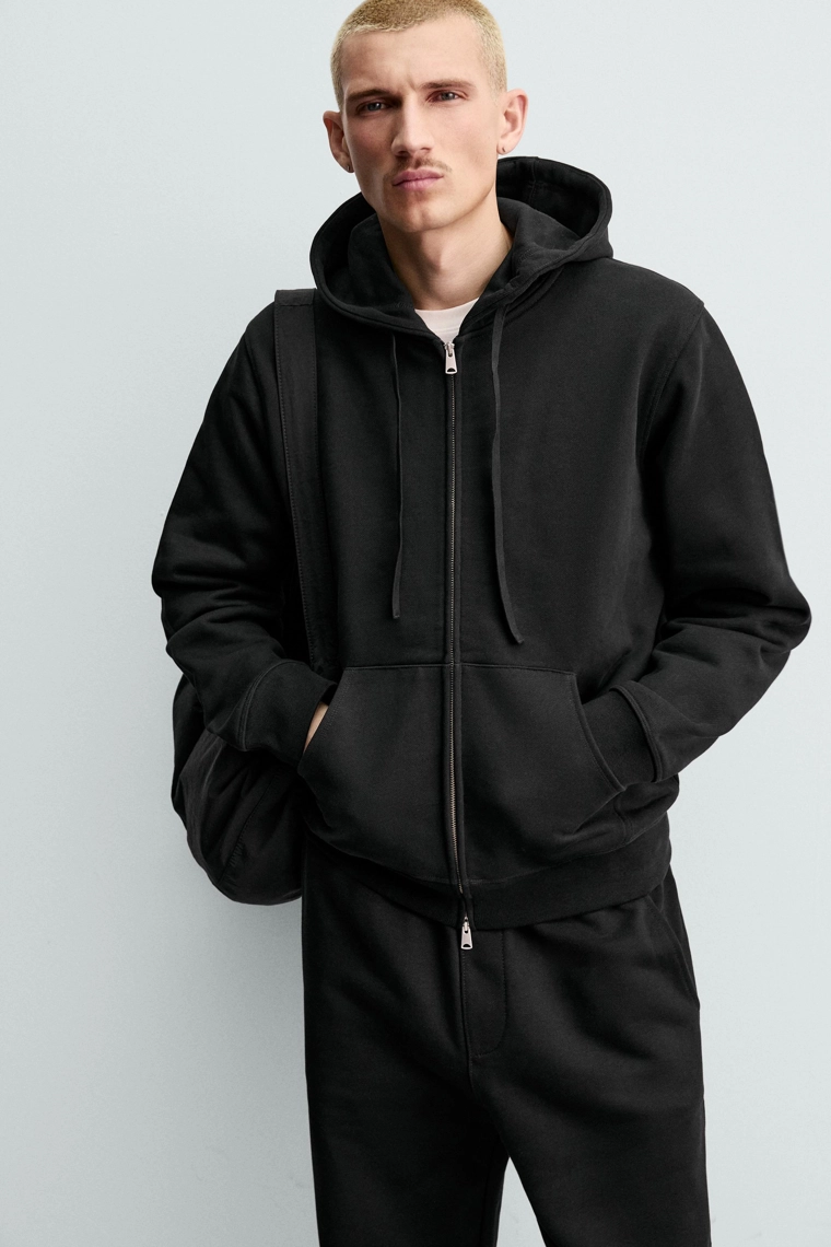 Толстовка с капюшоном с двусторонней молнией из плотного хлопкового полотна