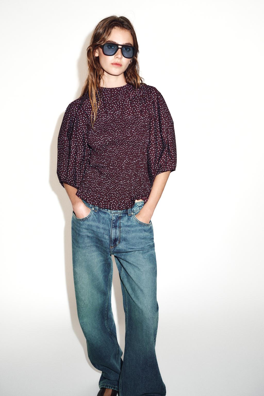 БЛУЗА В ГОРОШЕК С ОБЪЕМНЫМИ РУКАВАМИ