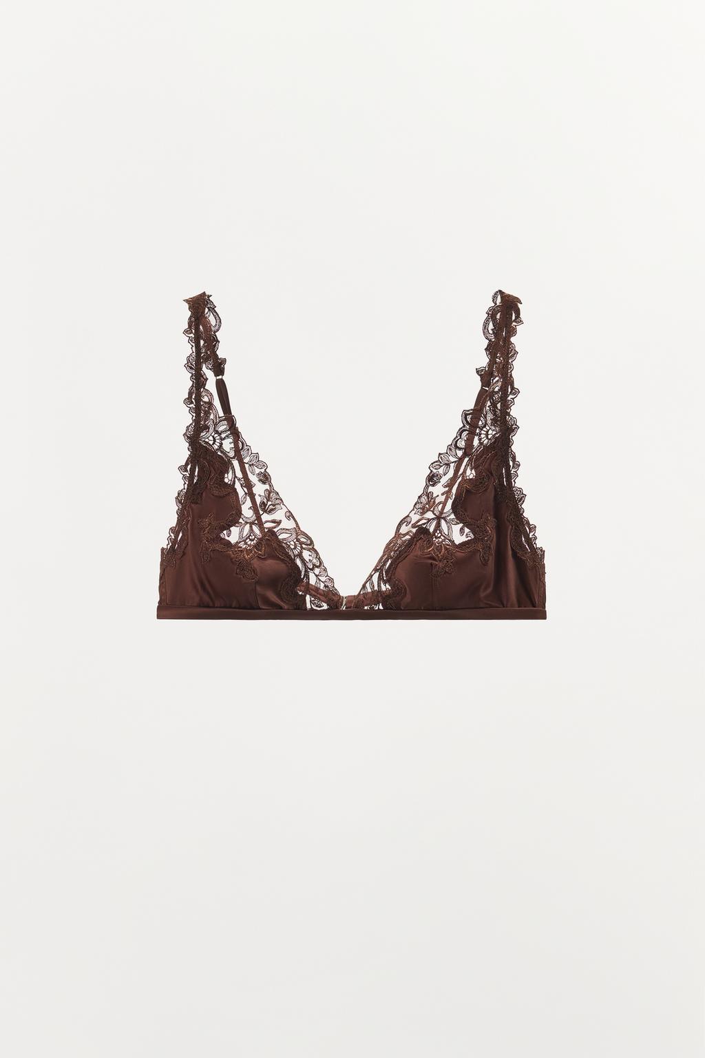 АТЛАСНЫЙ БРАЛЕТТ С ТРЕУГОЛЬНЫМИ ЧАШКАМИ И КРУЖЕВОМ