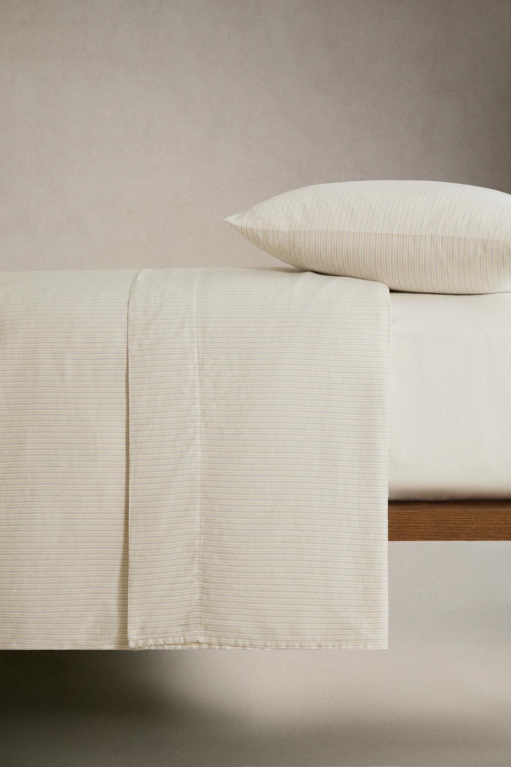 Простыня из хлопка с атласной отделкой в полоску (300 нитей)